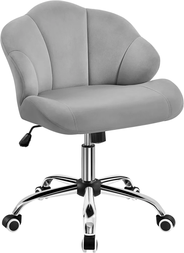 Yaheetech Velvet Vanity Chair with Wheels, Adjustable Home Office Chair with Shell-Shaped Back Swivel Chairs Desk Chair for Bedroom Makeup, Light Gray