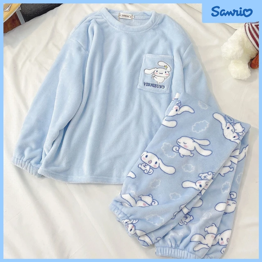 Sanrio Anime Cinnamoroll Pajamas Kawaii Kuromi My Melody Flannel Pullover Coral Velvet Winter Warm Pajamas Homewear Girl Gifts