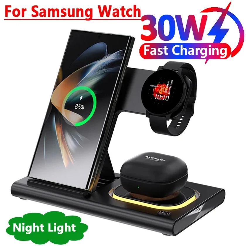 30W 3 in 1 LED Foldable Watch Wireless Charger Stand For Samsung S24 S23 S22 Watch 6 5 4 Active 1 2 Galaxy Buds Fast Charging