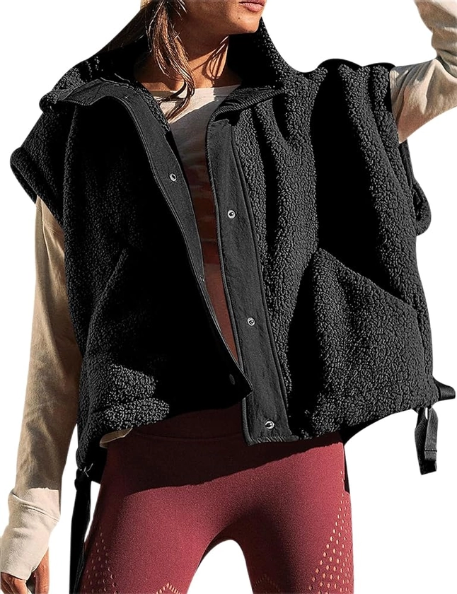 Women's Fuzzy Fleece Vest Oversized Sleeveless Sherpa Jacket Warm Button Down Gilet Outerwear with Pockets