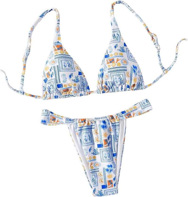 MakeMeChic Women's Floral Print 2 Piece Bikini Sets Tie Back Triangle Thong Bathing Suit Swimsuit