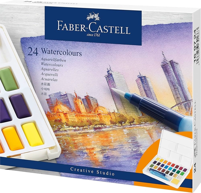 Faber-Castell 169724 - Aquarelle, 24 godets de couleur, avec palette de mélange et pinceau pour réservoir d'eau