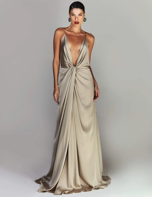 LONG SATIN PARTY DRESS WITH NECKLINE