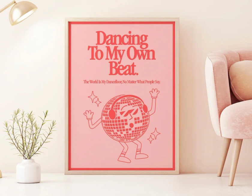 Dancing To My Own Beat Poster | Mindful Retro Quote Print | Smiley 90s Wavy | Protect Your Energy Wall Art | Groovy Dance | Disco Soul