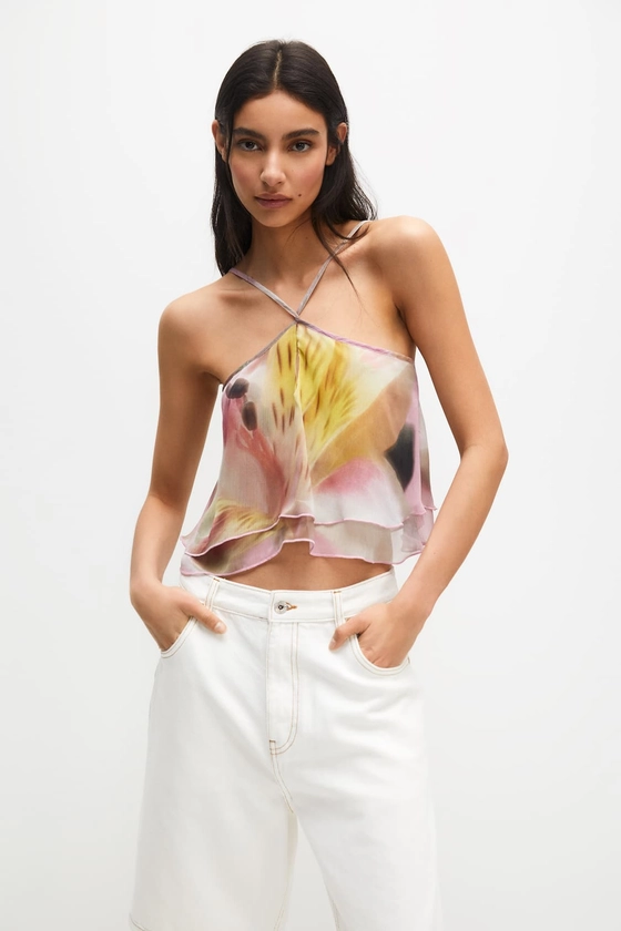 Flowing printed top with ruffles