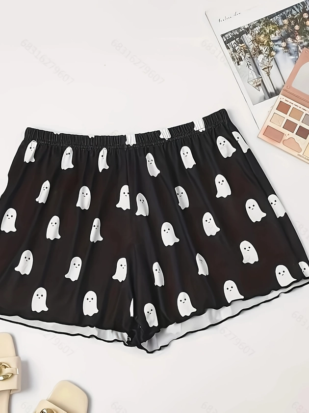 Cartoon Ghost Lounge Shorts, Casual &amp; Cute Elastic Waistband Shorts, Womens Loungewear &amp; Sleepwear