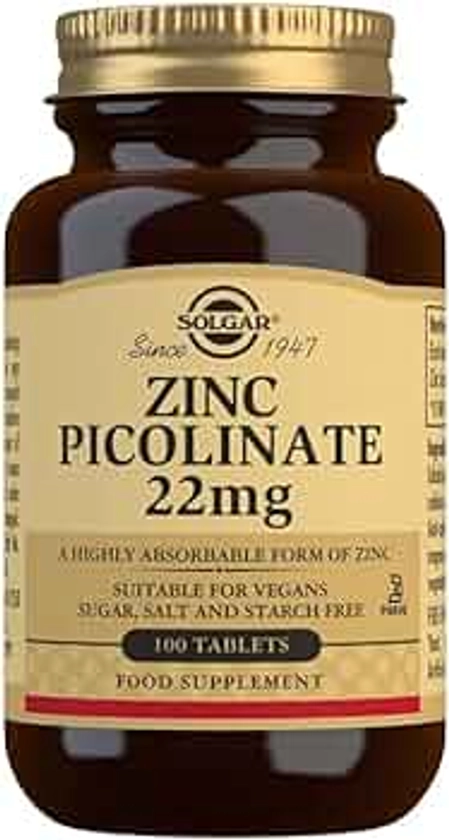 Solgar Zinc Picolinate 22 Mg Tablets - Pack of 100 - Healthy skin, hair and nails - Highly absorbable premium form, Easy to Swallow - Vegan