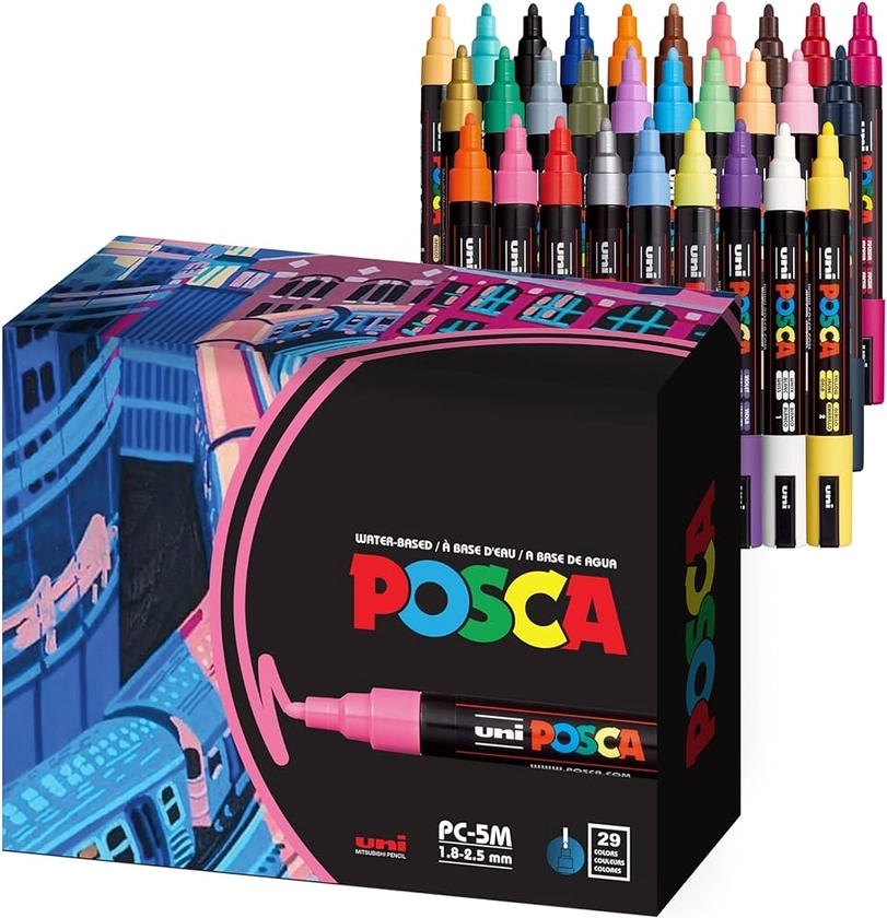 29 5M Medium Posca Markers with Reversible Tips, Set of Acrylic Paint Pens for Art Supplies, Fabric Paint, Fabric/Art Markers