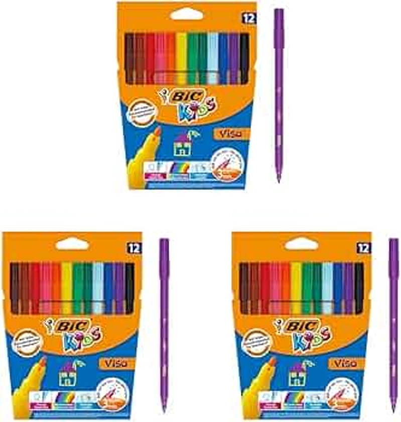 BIC Kids Visa Feutres de Coloriage à Pointe Fine, Lavables, Encre à base d'eau- Couleurs Assorties, Etui Carton de 12 (Lot de 3)