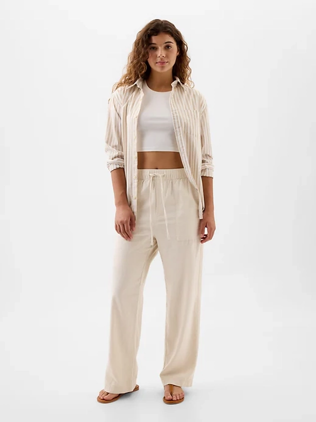 Linen-Blend Wide-Leg Pull-On Pants