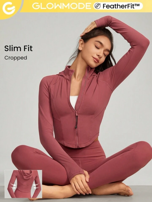 GLOWMODE FeatherFit™ Cropped Curve Hem Zip-Up Hooded Jacket Low Impact Yoga Daily Summer | SHEIN USA