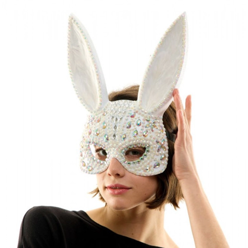 Cute Bunny Masquerade Mask VIP Animal Mask Rabbit Cosplay Rhinestones Party Mask Ivory White
