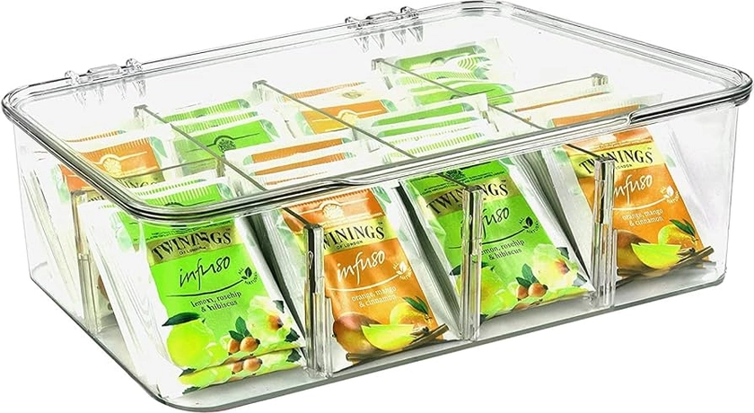 KICHLY Plastic Tea Bag Holder (Pack of 1) Plastic Tea Box Organizer with Lid - 8 Compartments Tea Organizer for Kitchen Countertops, Cabinets, Pantry (Clear)