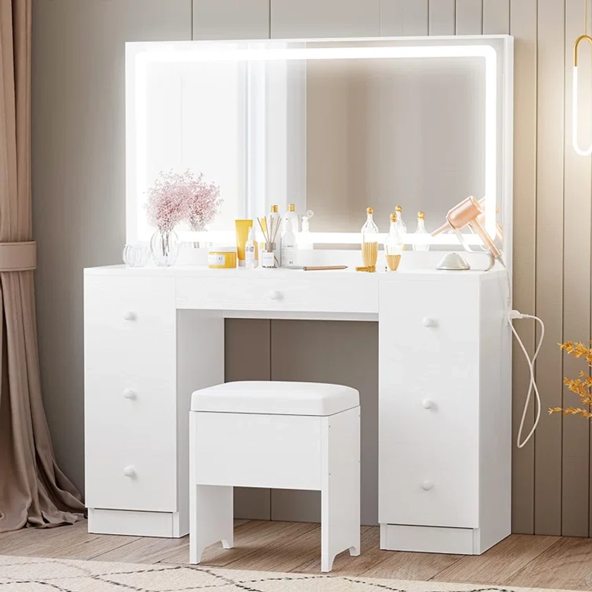 Latitude Run® Makeup Vanity Desk with LED Lighted Mirror & Power Outlet & 7 Drawers & Reviews | Wayfair