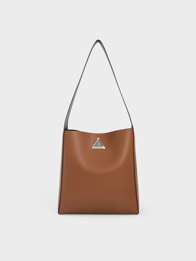 Cognac Trice Metallic Accent Large Hobo Bag | CHARLES & KEITH