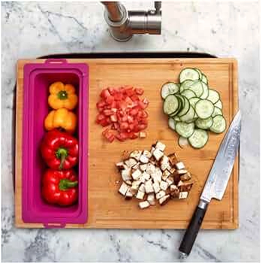 Zenprep Extra Large Bamboo Cutting Board With Containers (Set Of 3) - Over The Sink Chopping Board With Collapsible Strainer - Meal Prep Station For Meat, Cheese And Vegetable (15x20in) (Rose)