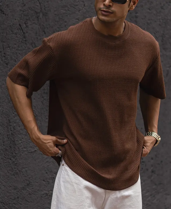 Brown Structured Oversized Half Sleeves T Shirt