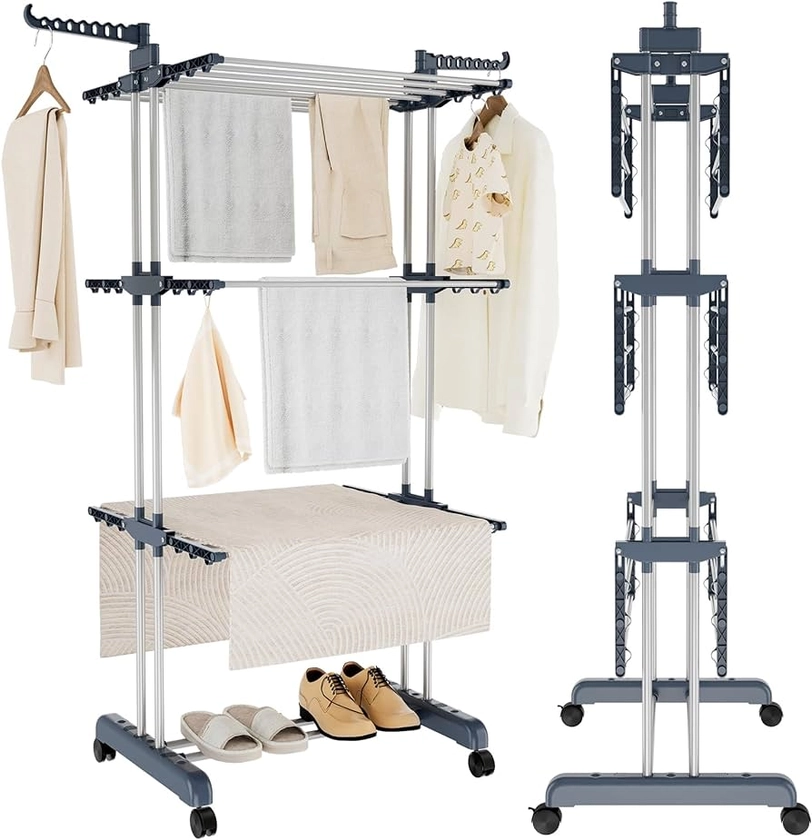 Trintion Clothes Drying Rack 3 Tier Adjustable Rolling Laundry Hanger with Foldable Wings Large Stainless Steel Garment Dryer with Casters for Outdoor Indoor