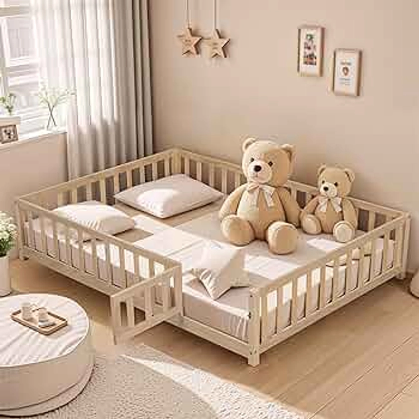 Harper & Bright Designs Floor Bed Full Size Montessori Bed Frame with Fence and Door, Wooden Full Platform Bed for Kids, Boys Girls, Slats Included, No Box Spring Needed, Natural