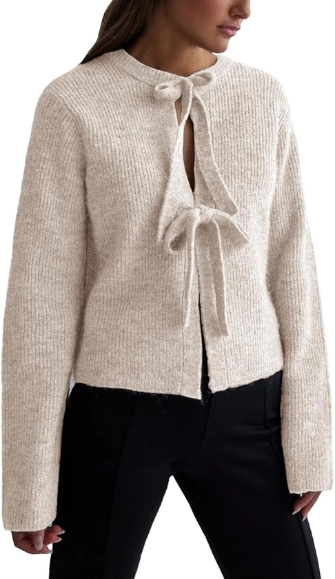 Women's Cropped Ribbed Knit Cardigan Long Sleeve Bow Tie Front Open Front Knitwear Tops