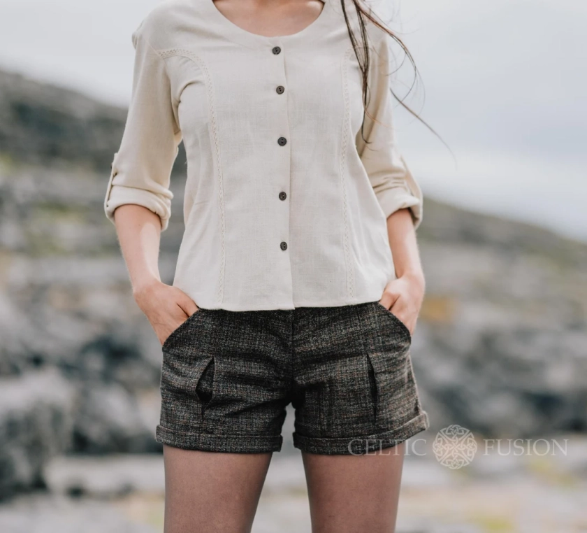 OAK TWEED SHORTS | Pixie Shorts, Tweed Shorts, Folk Fashion, Celtic Shorts, Fae Shorts, Fashion Shorts, Irish Clothing, Made in Ireland.