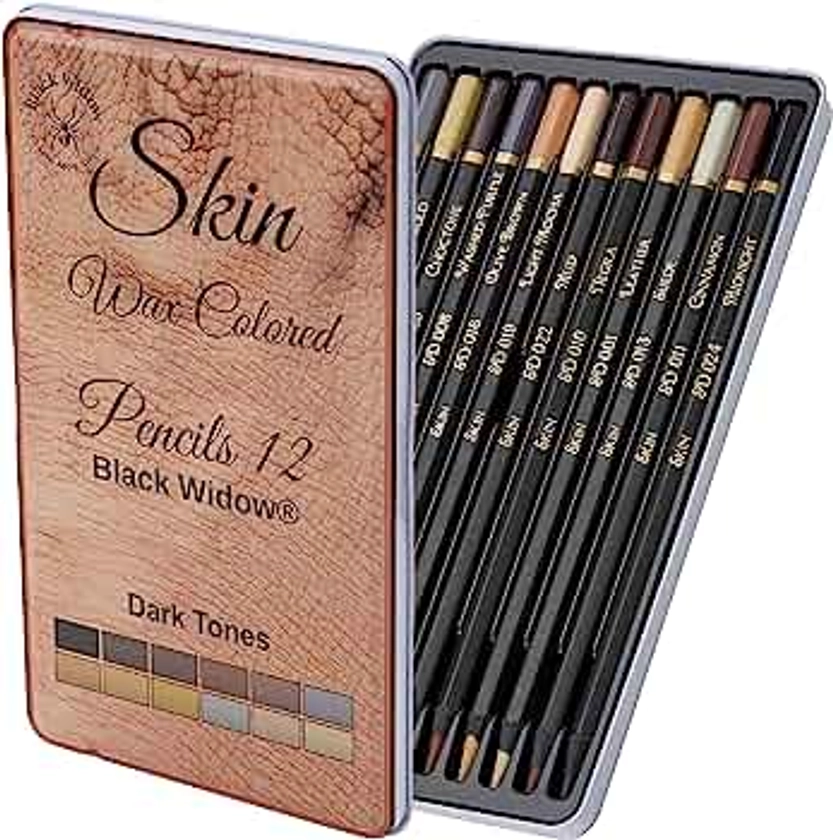 Black Widow Skin Tone Colored Pencils for Adult Coloring, 12 Color Pencils for Portraits and Skintone Artists, A Complete Color Range of Soft Core Colored Pencils, Now With Light Fast Ratings.