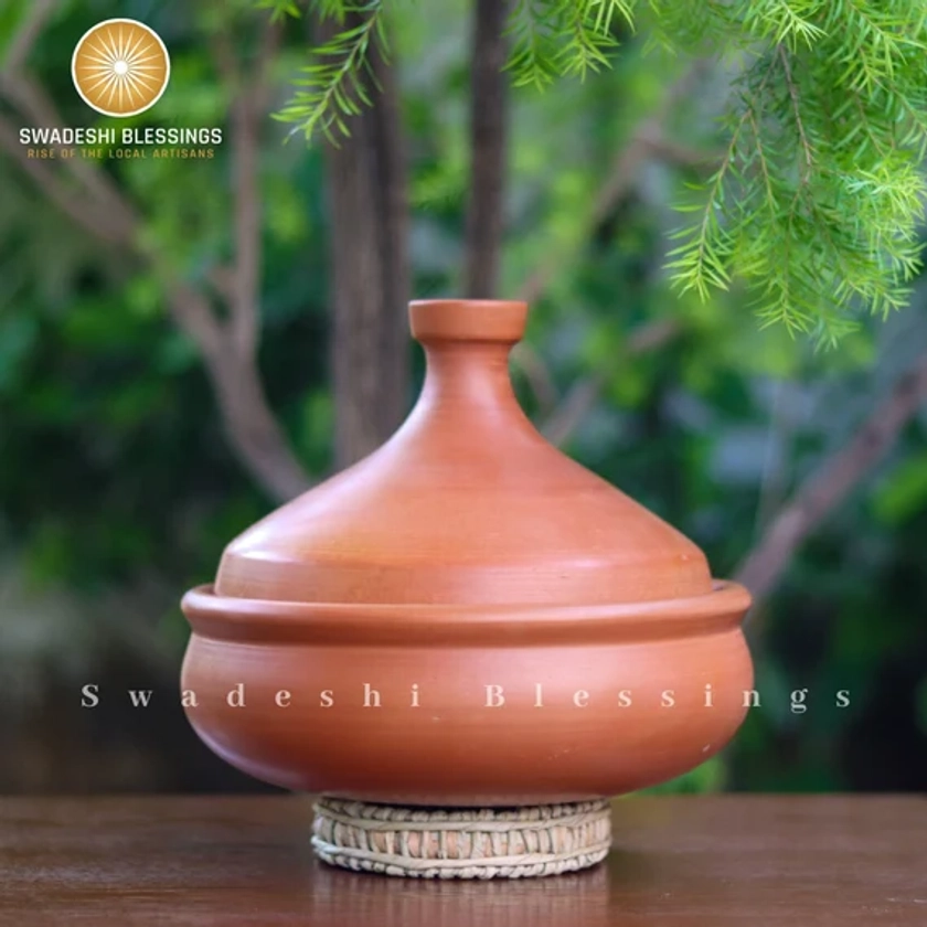 Unglazed Clay Tagine Pot for Cooking with Lid/ LEAD-FREE Earthen Tajine/ Clay Tagine Cookware for baking/ Swadeshi Blessings Ayurveda Range