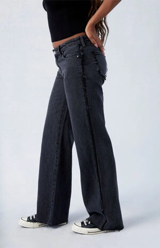 PacSun Black Frayed Wren Low Rise Wide Leg Jeans | PacSun