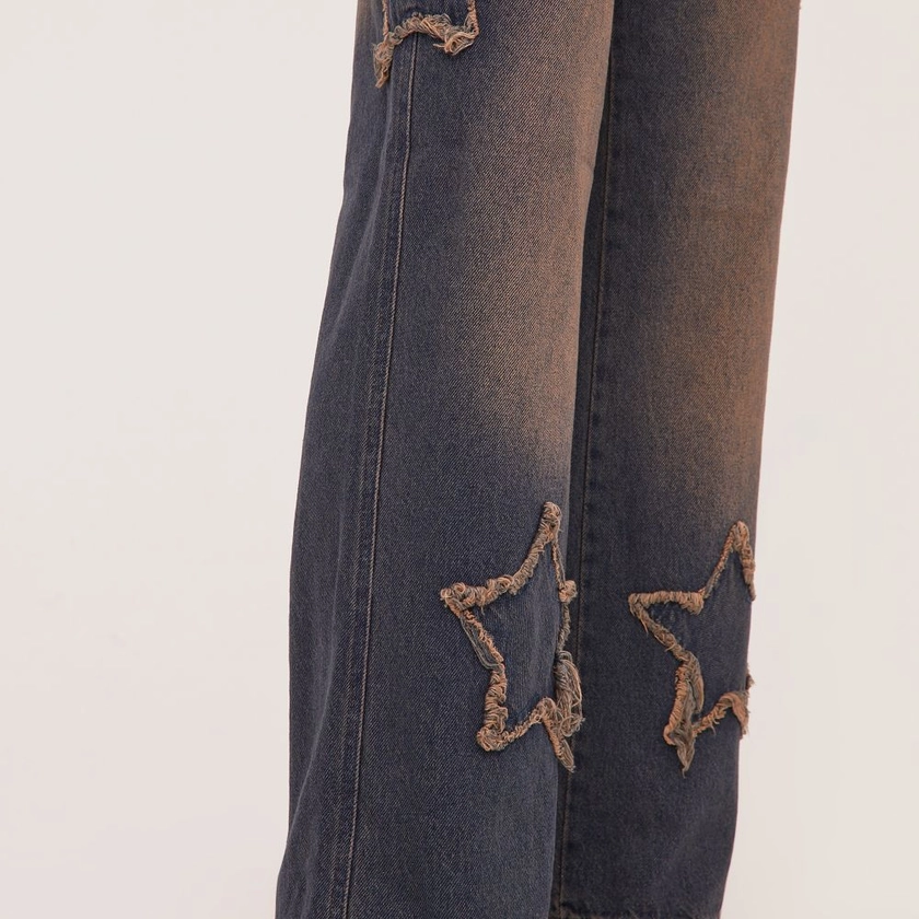 High Waist Distressed Star Detail Straight Leg Jeans In Dark Blue Denim