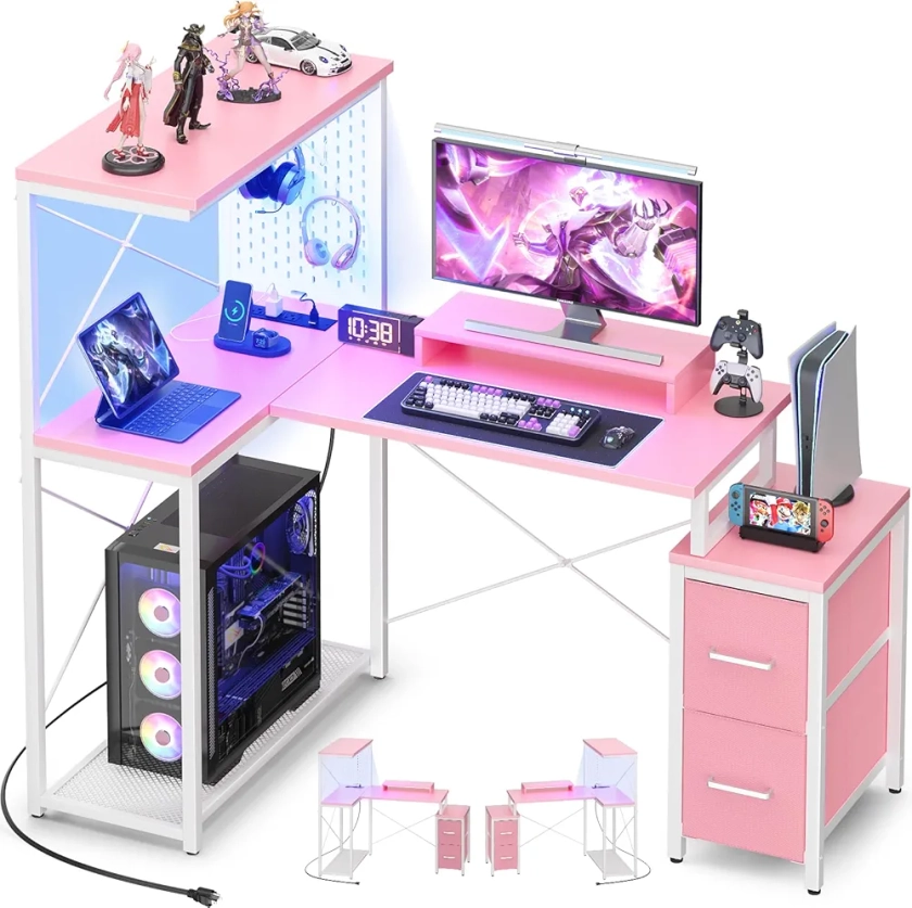 L Shaped Gaming Desk with 2 Fabric Drawers - Reversible Computer Desk with Power Outlet & LED Lights, 48" Corner Desk with Monitor Stand & Storage Shelves, Office Study Table with Pegboard, Pink