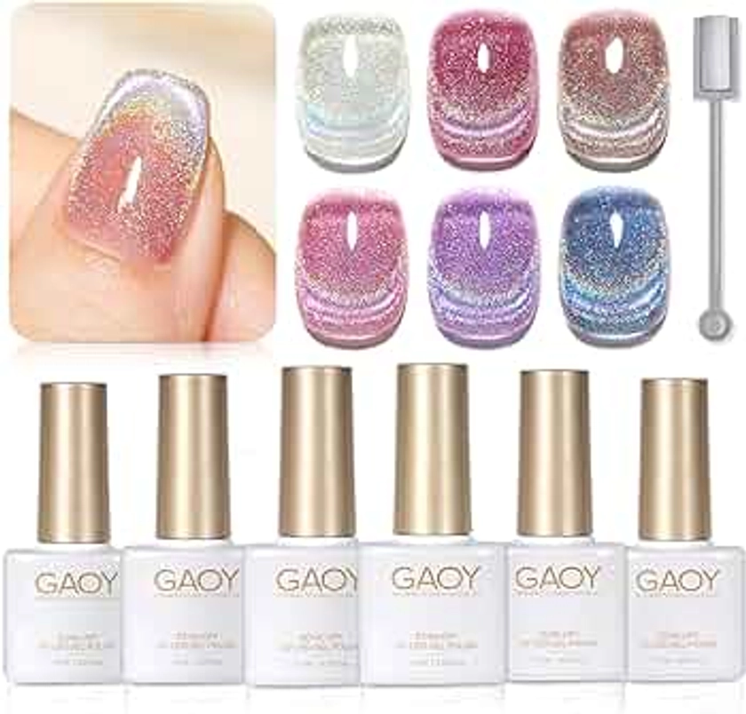 GAOY Rainbow Glitter Cat Eye Gel Nail Polish Set, 6 Holographic Sparkle Colors Gel Nail Kit for Nail Art DIY Manicure and Pedicure at Home
