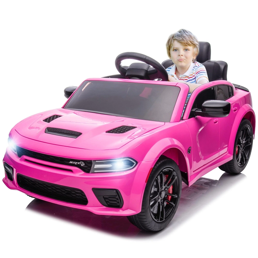 iRerts Pink 12v Kids Electric Cars, Licensed Dodge Charger Kids Ride on Cars with Remote Control, Battery Powered Ride on Toys with Bluetooth, Music, USB, MP3, 4 Wheel Suspension