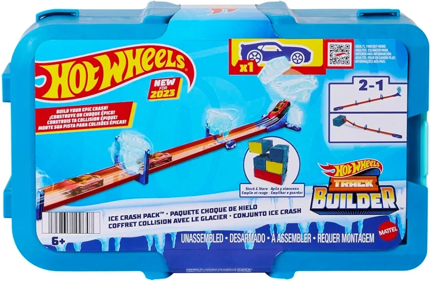 Hot Wheels Track Set with 1 Hot Wheels Car, Ice-Themed Track Building Set with 10 Track Pieces in a Modular and Stackable Storage Box, HKX40
