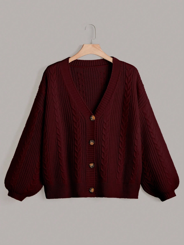 SHEIN LUNE Plus Cable Knit Lantern Sleeve Cardigan