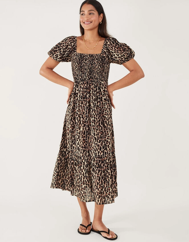 Leopard Print Shirred Puff Sleeve Dress Brown | Beach holiday dresses | Accessorize UK