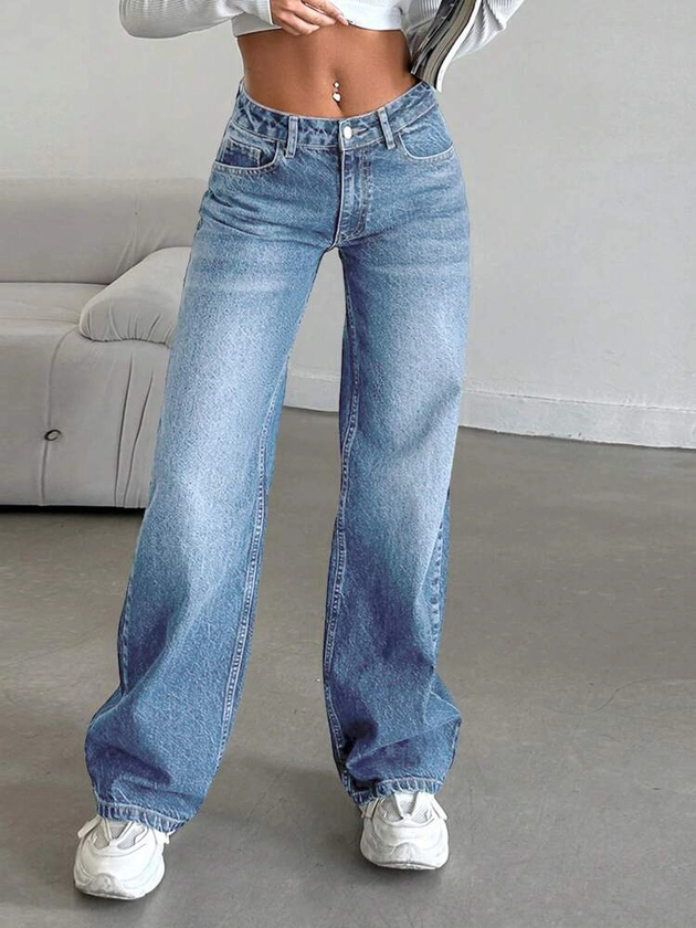 Women Straight-Leg Casual Jeans With Pockets And Loose Fit