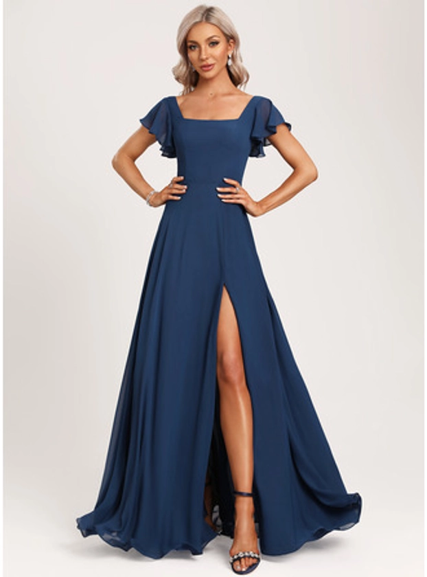 [£ 88] A-line Square Floor-Length Chiffon Bridesmaid Dress With Ruffle (007279248)