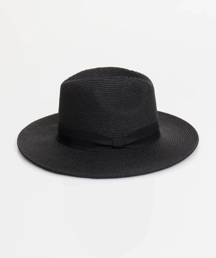 Classic Black Straw Fedora Hat with Ribbon Trim