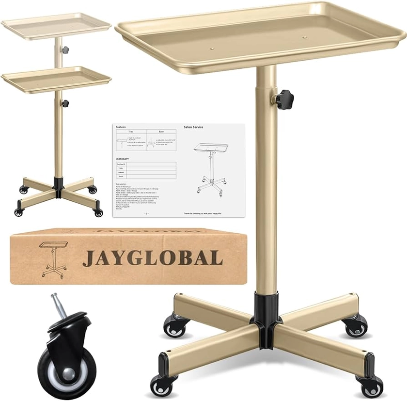 Gold Salon Tray On Wheels, Premium Aluminum Rolling Tattoo Tray, Height Adjustable Tattoo Cart Trolley for Hairstylist Salon, Spa & Clinic