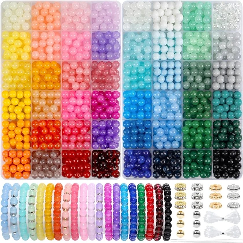 Acerich 1600 Pcs Glass Beads for Bracelets, 48 Colors 8mm Crystal Glass Beads for Jewelry Making Round Friendship Bracelet Beads Kit for DIY Crafts Holiday Gifts