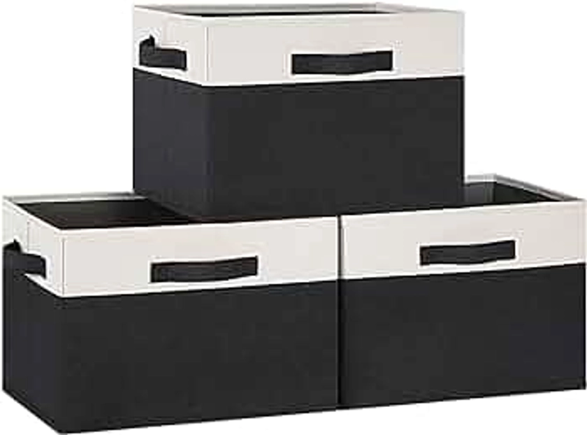 GhvyenntteS Large Fabric Storage Bins for Shelves with 3 Handles, 15x11x9.6in Closet Storage Bins, Sturdy Foldable Storage Baskets for Shelves Closet Bedroom Living Room Office (Black, Set of 3)