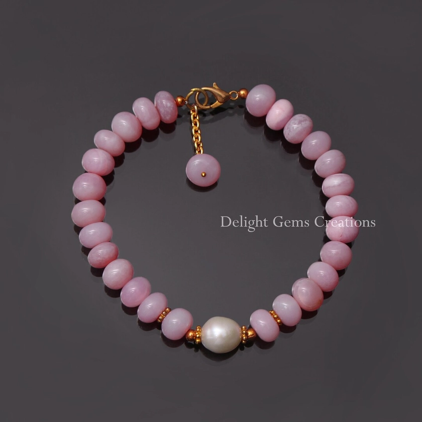 Pink Peruvian Opal Beaded Bracelet, 8.5mm-9mm Pink Opal and Pearl Smooth Rondelle Beads Bracelet, Opal Gemstone Bracelet, 6-9 Bracelet - Etsy