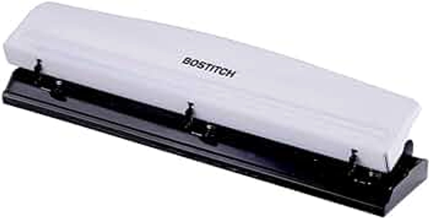 Bostitch Office Premium - Perforador de 3 agujeros, capacidad de 12 hojas, metal, base de goma, bandeja de fácil limpieza, blanco (KT-HP12-BLANCO)