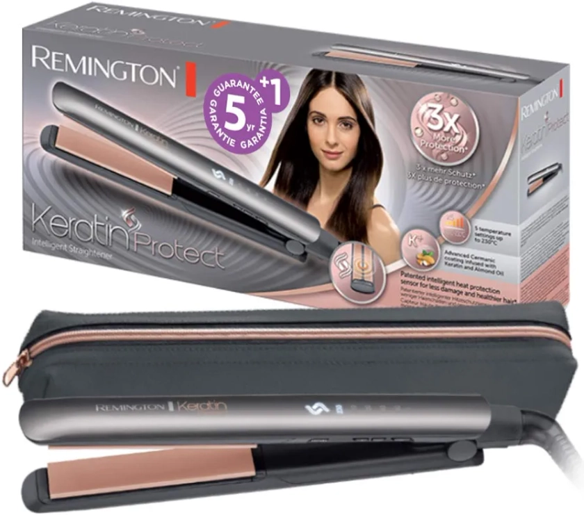 Remington Plancha de Pelo Keratin Protect, Queratina y Aceite Almendras, Placas Flotantes Extralargas, Cerámica, Sensor Protección Calor, 5 Temperaturas hasta 230°C, S8598, Color Gris, 110 mm