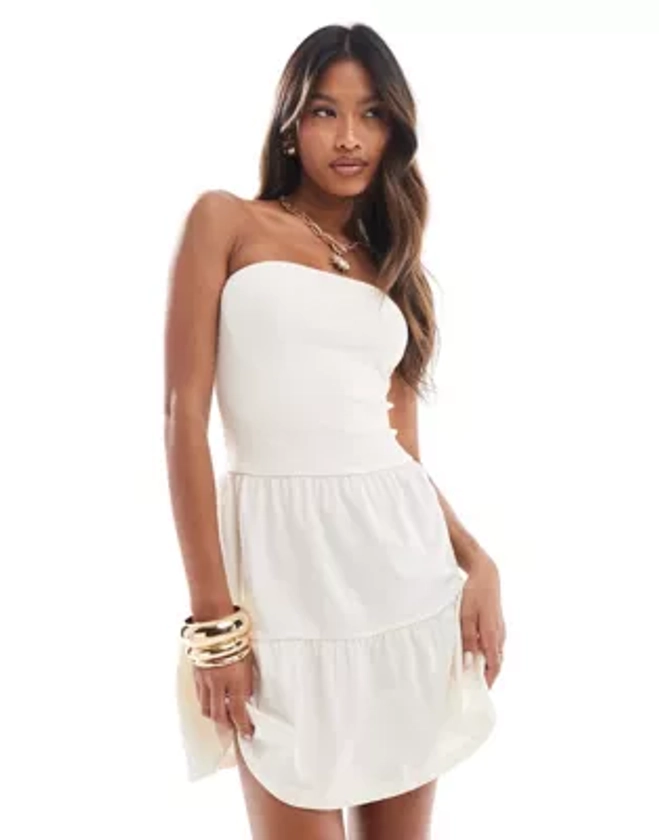 ASOS DESIGN mini bandeau dress with tiered skirt in cream | ASOS