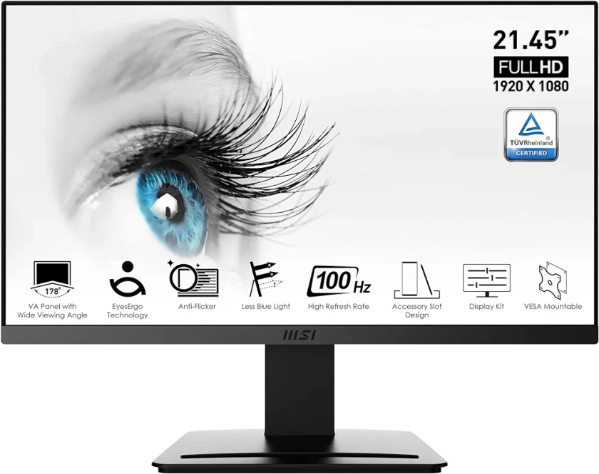 MSI PRO MP223 22.3 Inch Monitor, Full HD (1920 x 1080), 100Hz, VA, 4ms, FreeSync, HDMI, VGA, Anti-Glare, Anti-Flicker, Less Blue light, TÜV Certified, VESA, Kensington, Black