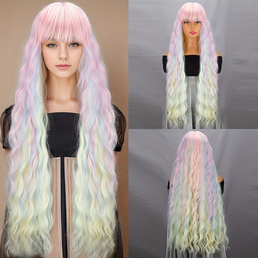 Multicolored Water Wave Synthetic Wig for Women, Long Curly Rainbow Wigs with Bangs, High Temperature Fiber, Basic Style, Rose Net Cap, Voluminous Hai