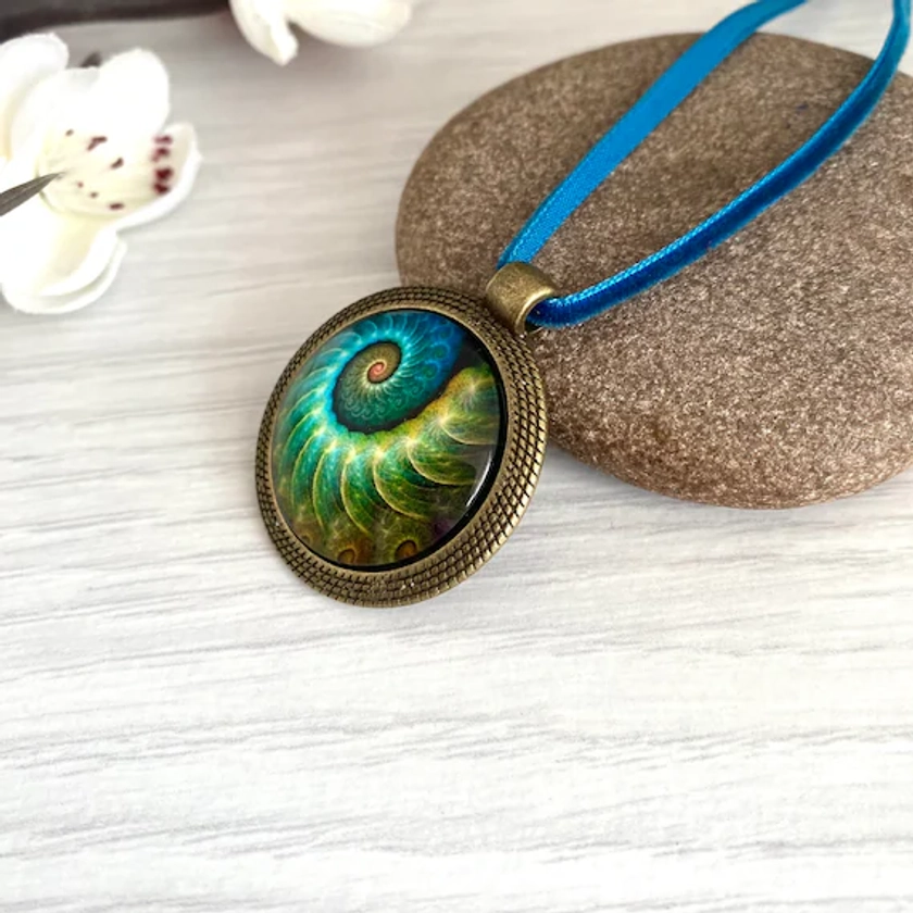 Emerald green pendant necklace with ammonite fossil detail, Necklaces for women in the UK, Cabochon jewellery, Big bold statement necklace