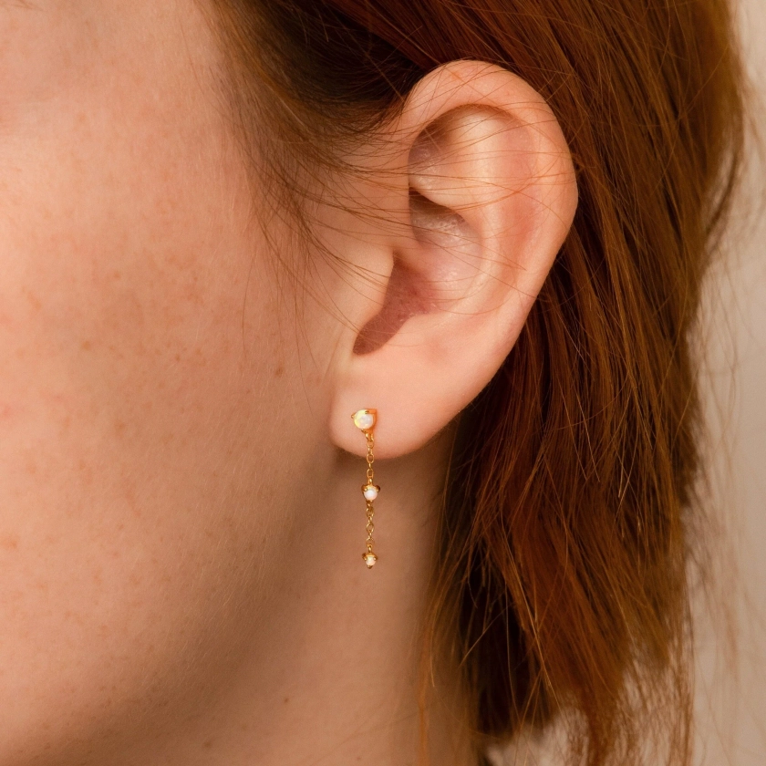 Opal Station Chain Drop Stud Earrings | Caitlyn Minimalist