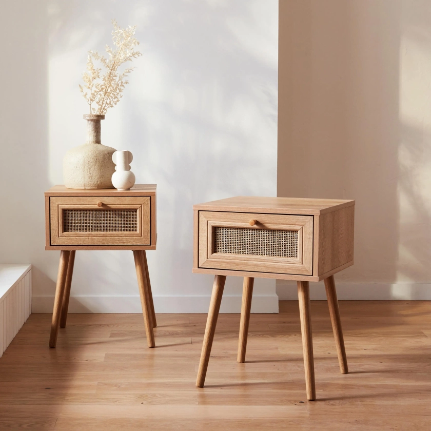 Lot de 2 tables de chevet effet bois et cannage, 1 tiroir | sweeek